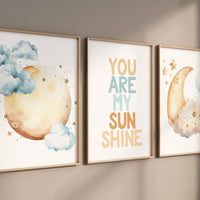Moon prints for nursery, nursery wall art, gender neutral nursery, blue and yellow, Baby wall decor, nursery prints, you are my sunshine
