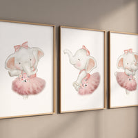 Ballerina animals, elephant nursery, baby room decor girl, nursery prints girl, ballet prints, ballet animals, ballerina elephants, girl