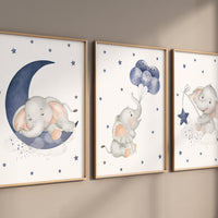 Elephant nursery, navy blue nursery, boys room decor, nursery prints for boys room, navy nursery, elephant print, moon nursery, animal print