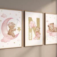Nursery decor girl wall art, bear nursery print, pink gold nursery art, bear nursery wall art, teddy bear, nursery wall art, pink and gold