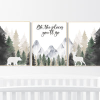 Nursery decor woodland, mountain wall art, tree nursery decor, adventure theme nursery, forest, sage green, beige, woodland animals