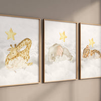 Woodland Animals, Sleeping on Clouds, Woodland Nursery Decor, yellow nursery, Animal Nursery wall art, gender neutral , baby room decor