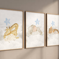 Woodland Animals, Sleeping on Clouds, Woodland Nursery Decor, blue nursery, Animal Nursery wall art, gender neutral , baby boy room decor