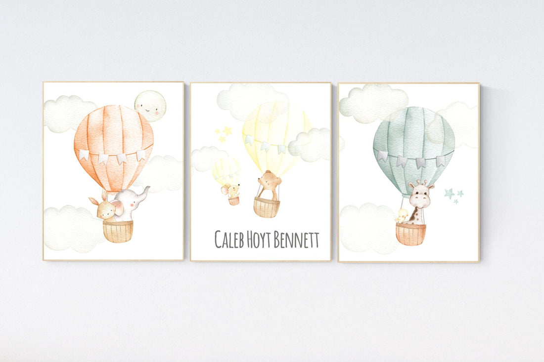 Nursery decor animals, hot air balloon, gender neutral, nursery decor, animal nursery, neutral, unisex, elephant giraffe, bear, nursery art