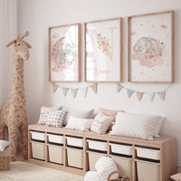 Elephant print, pink nursery, Nursery decor girl wall art, elephant prints for nursery, girls room decor, baby girl, name print, moon print