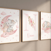 Elephant print, pink nursery, Nursery decor girl wall art, elephant prints for nursery, girls room decor, baby girl, name print, moon print
