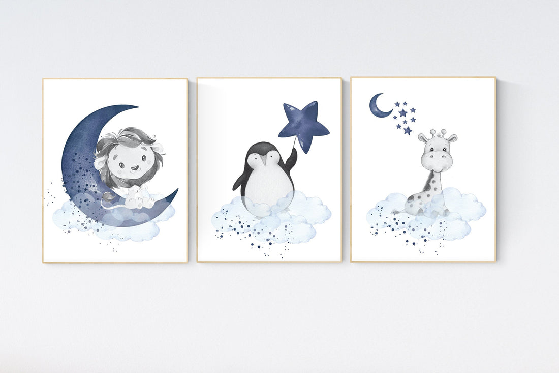 Nursery decor animals, lion, giraffe, penguin, animal nursery prints, navy blue, baby room wall decor, animal prints, navy and blue
