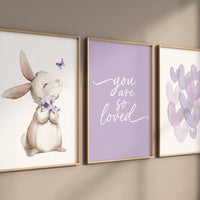 Bunny nursery, heart print, you are so loved, Girl bedroom art, name print, girls room decor, purple nursery, lilac nursery, girl nursery