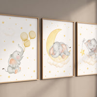 Nursery decor neutral, Yellow nursery, nursery wall art elephant, moon, stars, gender neutral, yellow and gray nursery art, baby room art