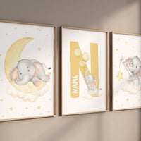 Nursery decor neutral, Yellow nursery, nursery wall art elephant, moon, stars, gender neutral, yellow and gray nursery art, baby room art