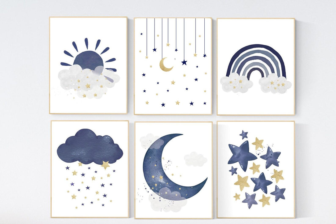 Navy nursery decor, boy nursery wall decor, rainbow nursery, cloud and stars, moon and stars, navy blue, gold nursery, nursery prints boy