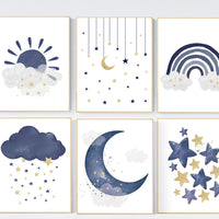 Navy nursery decor, boy nursery wall decor, rainbow nursery, cloud and stars, moon and stars, navy blue, gold nursery, nursery prints boy