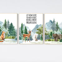 Nursery decor woodland, mountain wall art, tree nursery decor, adventure theme, forest, woodland animals, let him sleep for when he wakes