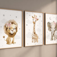 Nursery wall art animals, gray nursery, gender neutral nursery, baby room decor, bear, elephant, giraffe, animal prints, pink bow
