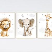 Nursery wall art animals, gray nursery, gender neutral nursery, neutral nursery, baby room decor, bear, elephant, giraffe, animal prints