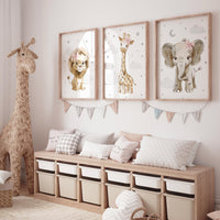 Nursery wall art animals, gray nursery, gender neutral nursery, baby room decor, bear, elephant, giraffe, animal prints, pink bow