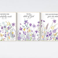 Purple and yellow flower nursery decor girl, wildflower, girls room decor, lavender nursery, lilac nursery, bible verse, christian art