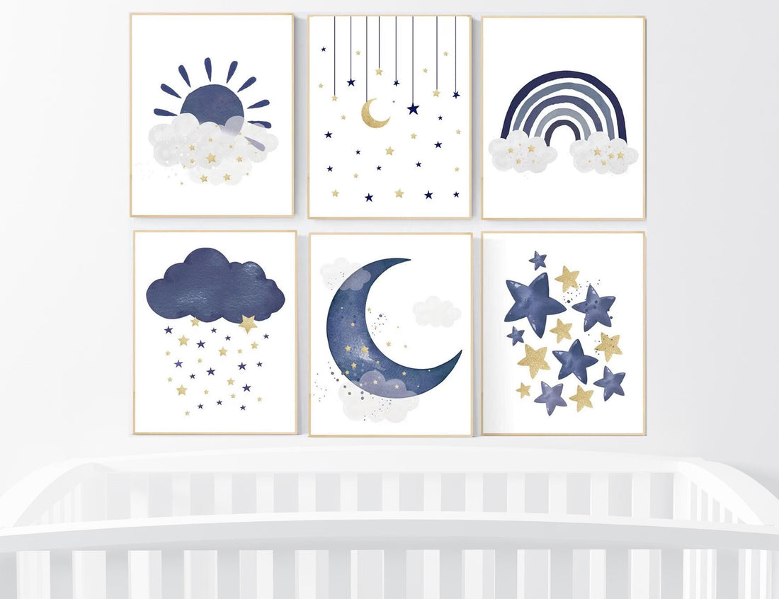 Navy nursery decor, boy nursery wall decor, rainbow nursery, cloud and stars, moon and stars, navy blue, gold nursery, nursery prints boy