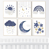 Navy nursery decor, boy nursery wall decor, rainbow nursery, cloud and stars, moon and stars, navy blue, gold nursery, nursery prints boy