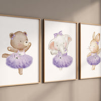 Ballerina animals, baby room decor girl, Elephant nursery, bunny nursery, bear nursery, nursery prints girl, ballet prints, purple nursery