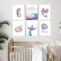 Mermaid Nursery Decor, Nursery decor girl, mermaid prints for girls room, sea nursery decor, ocean nursery, Pink purple Teal, mermaid theme