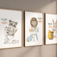 Bathroom prints for kids, bathroom art, Bathroom wall art, kids Bathroom decor, Wash Your Hands, flush the toilet, brush your teeth