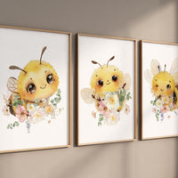 Bee print, bee nursery, flower nursery, yellow nursery, gender neutral, nursery wall art prints, baby room wall art, girl nursery