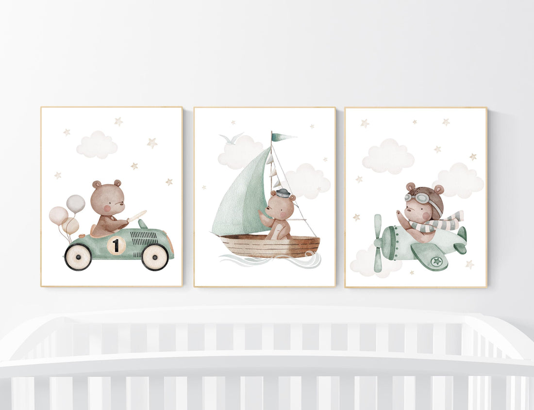 Nursery decor bear, gender neutral nursery, travel nursery, plane nursery, car nursery, bear nursery print, teddy bear decor, sage green