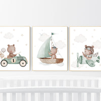 Nursery decor bear, gender neutral nursery, travel nursery, plane nursery, car nursery, bear nursery print, teddy bear decor, sage green