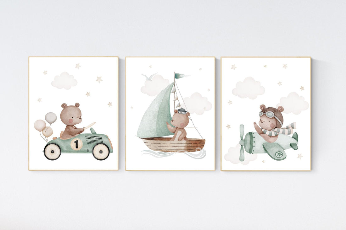 Nursery decor bear, gender neutral nursery, travel nursery, plane nursery, car nursery, bear nursery print, teddy bear decor, sage green