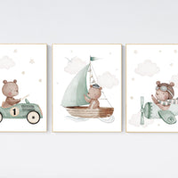 Nursery decor bear, gender neutral nursery, travel nursery, plane nursery, car nursery, bear nursery print, teddy bear decor, sage green