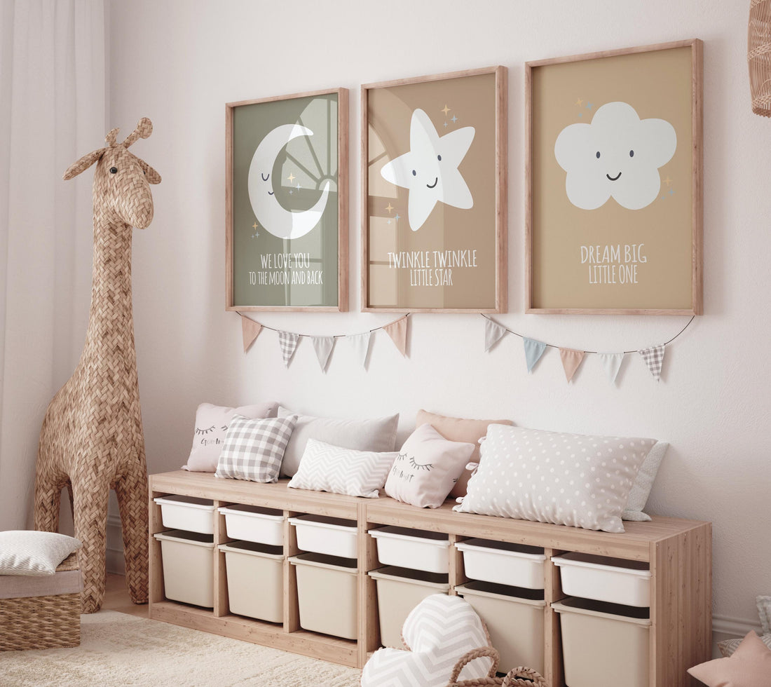 Neutral nursery decor, moon nursery, we love you to the moon and back, twinkle twinkle little star, dream big little one, moon prints