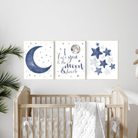 Nursery decor boy navy blue, Nursery wall art boy, navy nursery decor, moon and stars, we love you to the moon and back, nursery prints boy