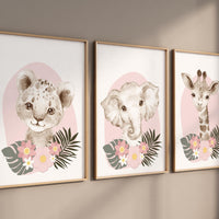 Safari Animals, girl nursery, Animals Prints, Woodland Nursery Decor, Safari Nursery Wall Art, floral animal prints, Pink Safari Animals