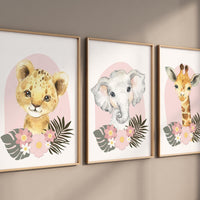 Safari Animals, girl nursery, Animals Prints, Woodland Nursery Decor, Safari Nursery Wall Art, floral animal prints, Pink Safari Animals