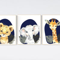 Safari Nursery Wall Prints, Boho Nursery Prints, jungle animals, navy blue Nursery Art, animal Nursery Decor, animal prints