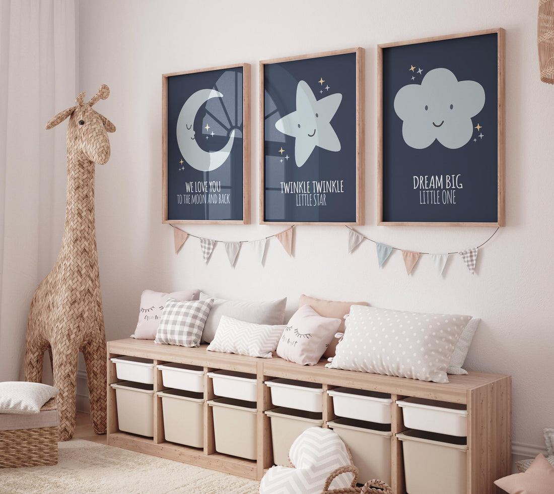 Navy nursery decor, moon nursery, we love you to the moon and back, twinkle twinkle little star, dream big little one, moon prints, nursery