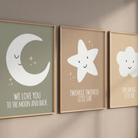 Neutral nursery decor, moon nursery, we love you to the moon and back, twinkle twinkle little star, dream big little one, moon prints