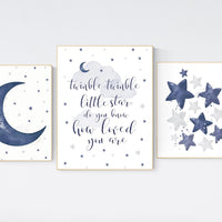 Nursery decor boy, navy nursery decor, moon and stars, twinkle twinkle little star, navy blue nursery art, baby boy nursery art, navy blue