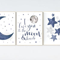 Nursery decor boy navy blue, Nursery wall art boy, navy nursery decor, moon and stars, we love you to the moon and back, nursery prints boy