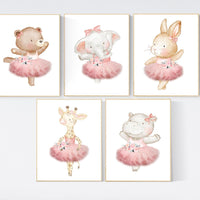 Ballerina animals, baby room decor girl, Elephant nursery, bunny nursery, bear nursery, nursery prints girl, ballet prints, ballet animals
