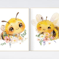 Bee print, bee nursery, flower nursery, yellow nursery, gender neutral, nursery wall art prints, baby room wall art, girl nursery