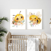 Bee print, bee nursery, flower nursery, yellow nursery, gender neutral, nursery wall art prints, baby room wall art, girl nursery
