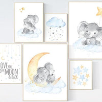 Nursery decor elephant, we love you to the moon and back, elephant balloon, gender neutral, nursery wall art, baby room