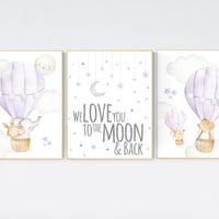 Girl nursery wall art, Hot air balloon prints, purple nursery, lilac nursery, woodland nursery, animal prints, lavender nursery, girls room