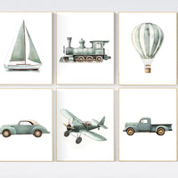 Vehicle art print set, sage green, Boys room, car train plane boat hot air balloon, boys transportation print, boys nursery room decor