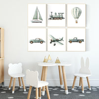 Vehicle art print set, sage green, Boys room, car train plane boat hot air balloon, boys transportation print, boys nursery room decor
