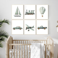 Vehicle art print set, sage green, Boys room, car train plane boat hot air balloon, boys transportation print, boys nursery room decor