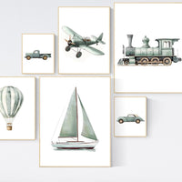 Vehicle art print set, sage green, Boys room, car train plane boat hot air balloon, boys transportation print, boys nursery room decor