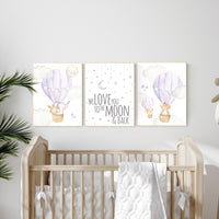 Girl nursery wall art, Hot air balloon prints, purple nursery, lilac nursery, woodland nursery, animal prints, lavender nursery, girls room
